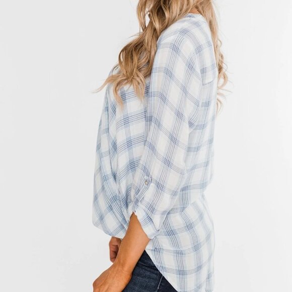 Just In Time Plaid Wrap Top- Blue & White - Picture 4 of 14